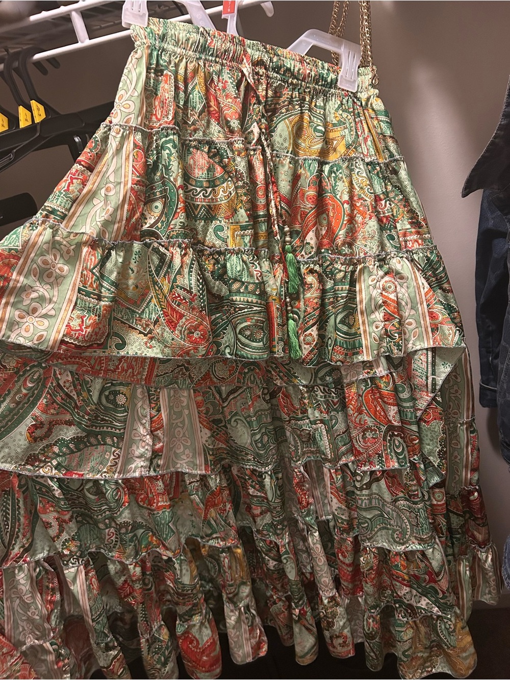 Tiered asymmetrical, high, low Paisley Maxi Skirt in Green and Coral